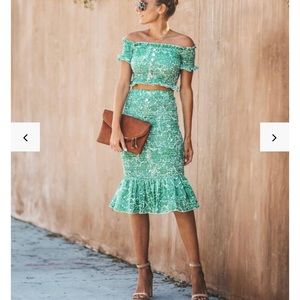 Cubana smocked off the shoulder top & midi skirt